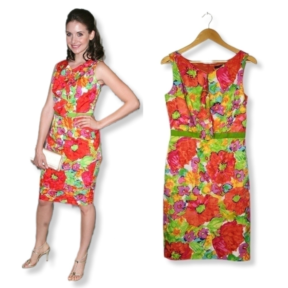 David Meister Silk Bright Floral Sleeveless Sheath Dress Size 6